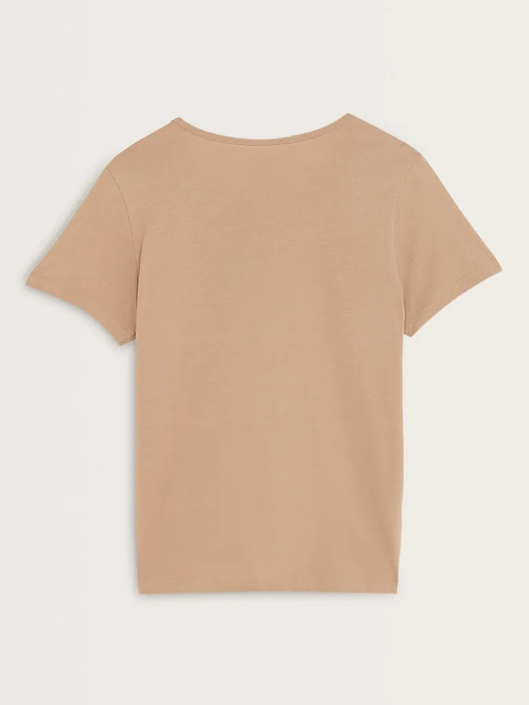 Wunderlove Taupe Typographic Design Cotton T-Shirt